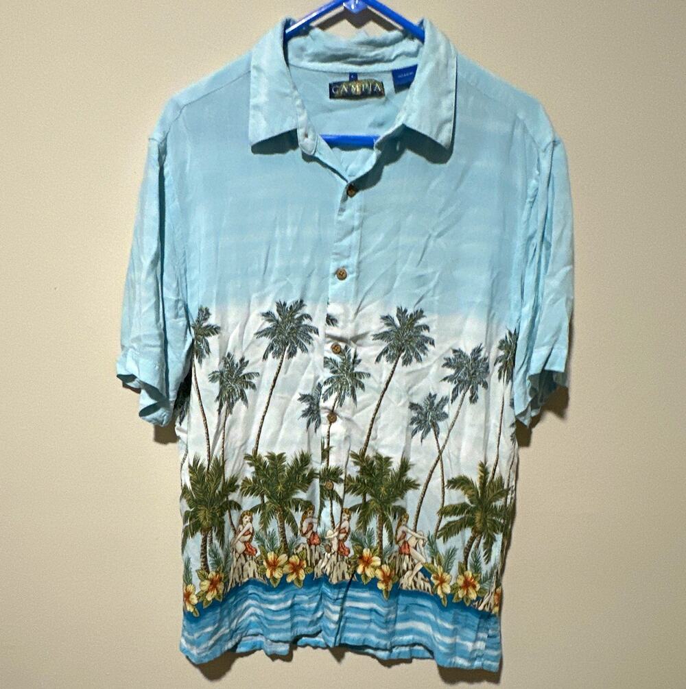 Campia Men's Hawaiian Shirt Blue Palm Tree Print 100% Rayon Size L